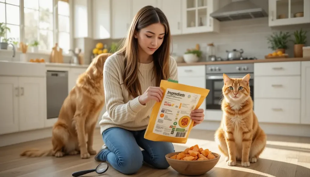 A woman carefully reads the pet food ingredient label with the dog and cat for unsafe pet food ingredients
