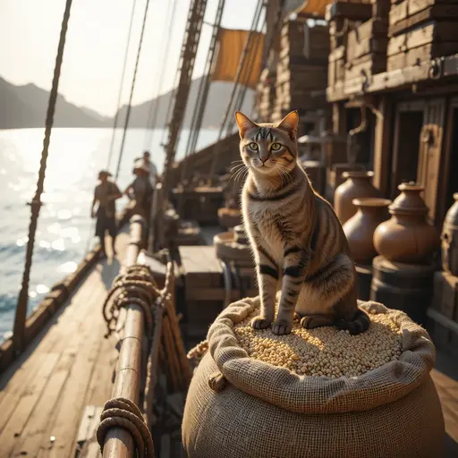 Cat Domestication Timeline: When Cats Conquered Europe 2 Tabby cat on Roman merchant ship deck with grain sacks and amphorae for Roman Empire cats