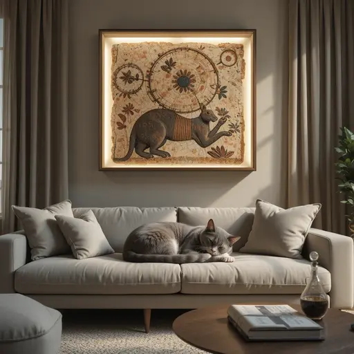 Cat Domestication Timeline: When Cats Conquered Europe 3 Modern gray cat sleeping below ancient Roman cat mosaic showing genetic connection for ancient cat genetics