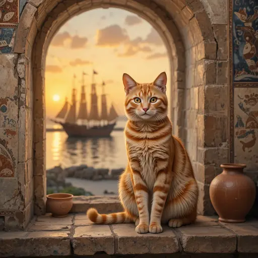 Cat Domestication Timeline: When Cats Conquered Europe 4 A regal orange tabby cat sits in a stone archway, overlooking a tranquil sunset with a sailing ship in the background.