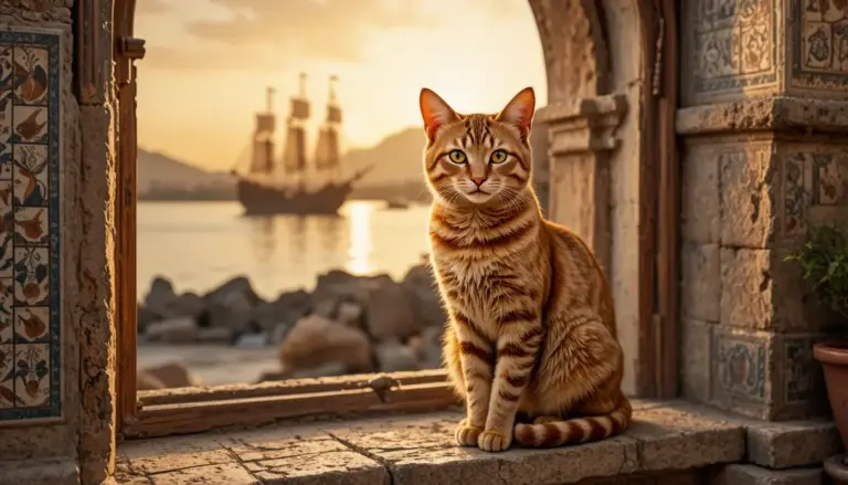 Orange tabby cat with amber eyes sitting on stone windowsill with ancient Roman mosaic and harbor view for Cat Domestication Timeline