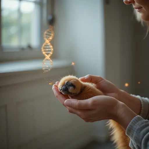 Do Dogs Slow Biological Aging? New Study Says Yes 1 Woman's hands holding golden retriever paw with DNA helix background for service dog training benefits and telomere health