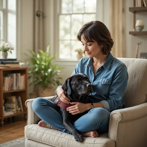 Do Dogs Slow Biological Aging? New Study Says Yes 2 Female veteran with black Labrador service dog in therapy setting for canine therapy for PTSD and women's health