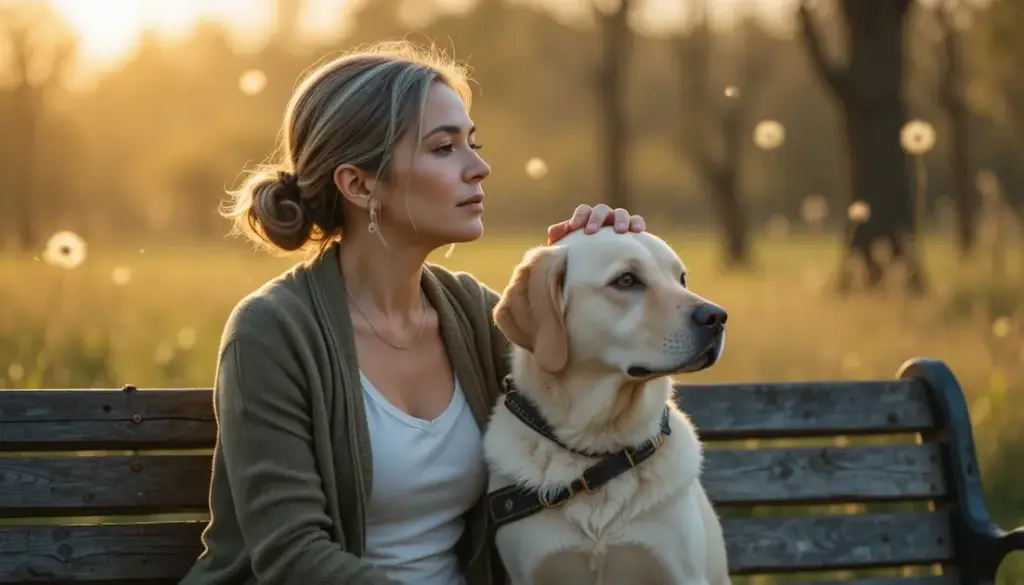 Middle-aged woman with golden Labrador service dog in park at golden hour with floating seeds for Do Dogs Slow Biological Aging