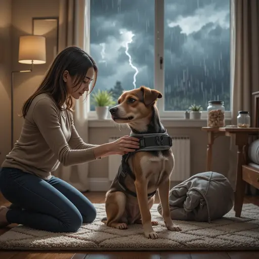 A woman fitting an anxiety vest on a mixed-breed terrier for calming an anxious pet
