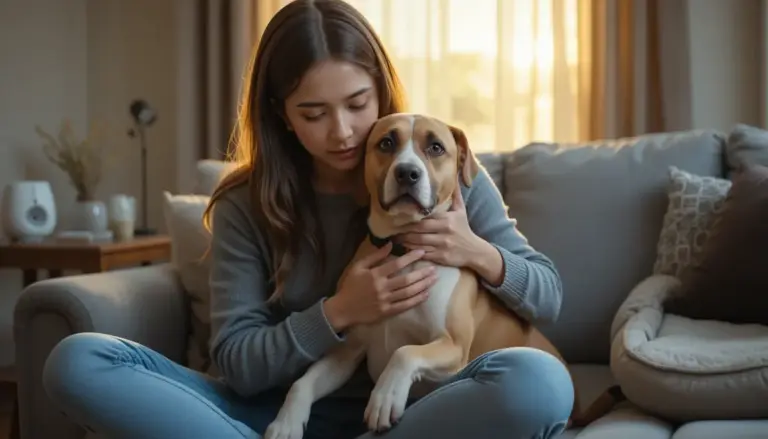 A woman comforting an anxious Golden Retriever in a cozy living room for calming an anxious pet