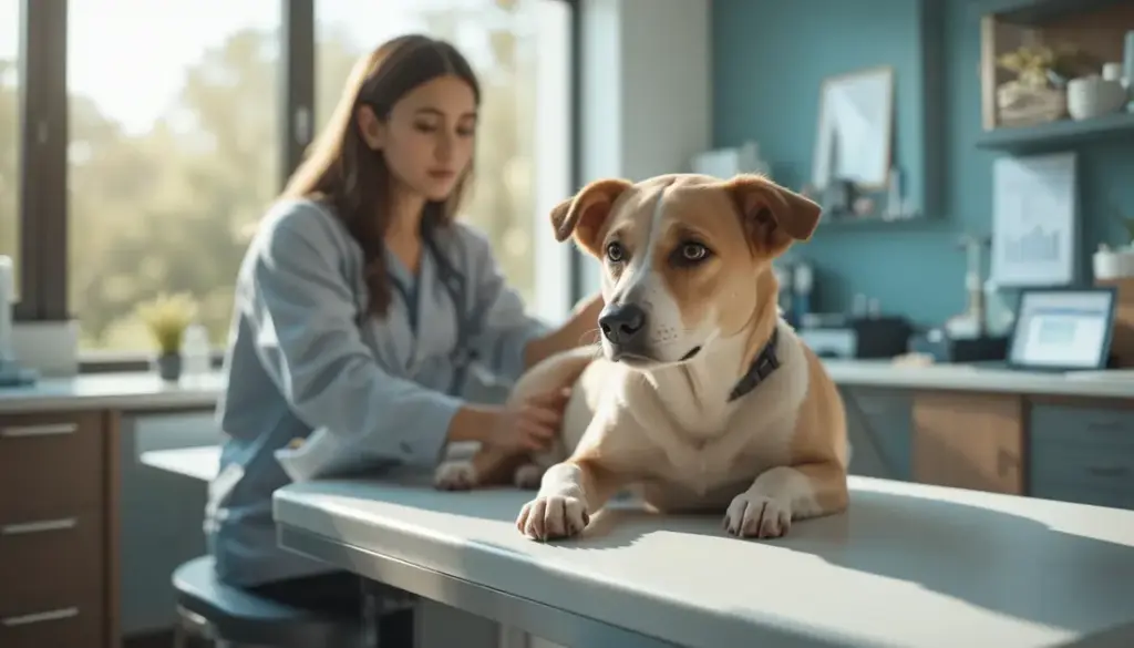 Veterinarian examining an anxious golden retriever for pet behavior change causes