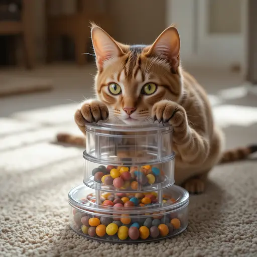 The Smartest Cat Breeds: A Complete Guide 1 Abyssinian cat solving complex puzzle feeder for feline intelligence testing