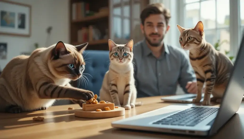 Three intelligent cat breeds solving puzzles and interacting with owner for smartest cat breeds guide`
