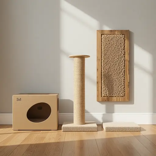 Cat Scratching Furniture: What Works Best? 2 Comparison of cardboard sisal and wall-mounted scratching posts arranged on a floor for Cat Scratching Furniture