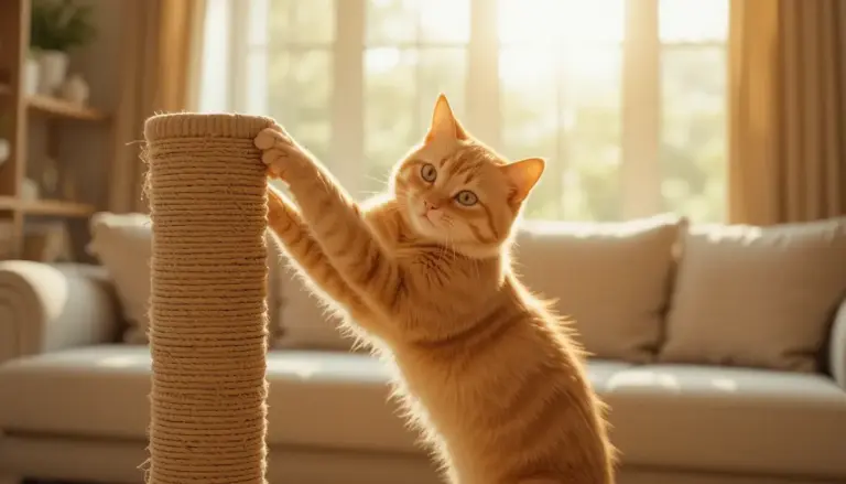 A happy orange tabby cat using a sisal scratching post next to a protected beige sofa for Cat Scratching Furniture
