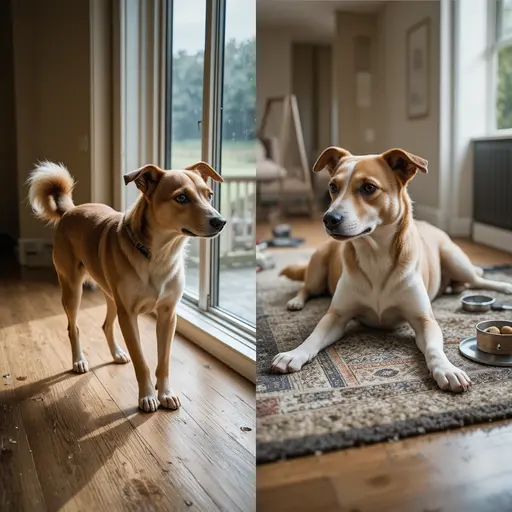 Indoor Dog Enrichment: Rainy Day Activities and Gear Costs 1 Dog behavior comparison showing restless pacing versus calm relaxation after enrichment activities for Indoor Dog Enrichment symptom recognition