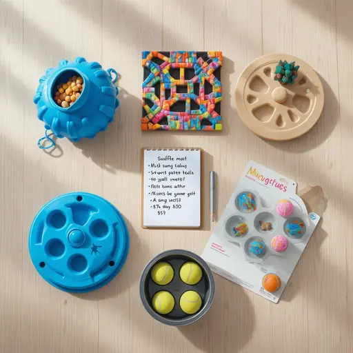 Indoor Dog Enrichment: Rainy Day Activities and Gear Costs 2 Various dog puzzle feeders, snuffle mats, and DIY enrichment tools with cost notes arranged on wooden surface for Indoor Dog Enrichment gear costs