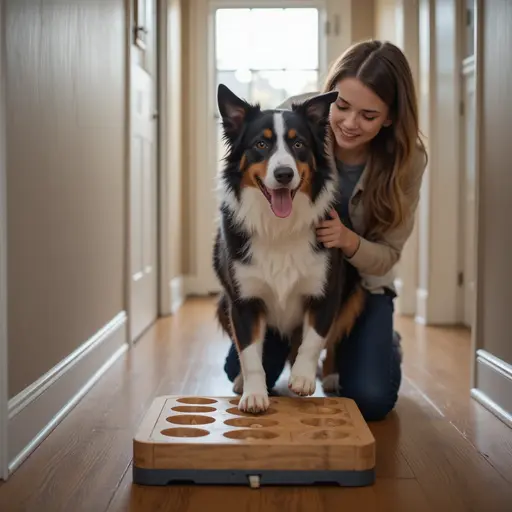 Indoor Dog Enrichment: Rainy Day Activities and Gear Costs 3 Owner guiding border collie through puzzle feeder activity in home hallway for Indoor Dog Enrichment immediate intervention steps