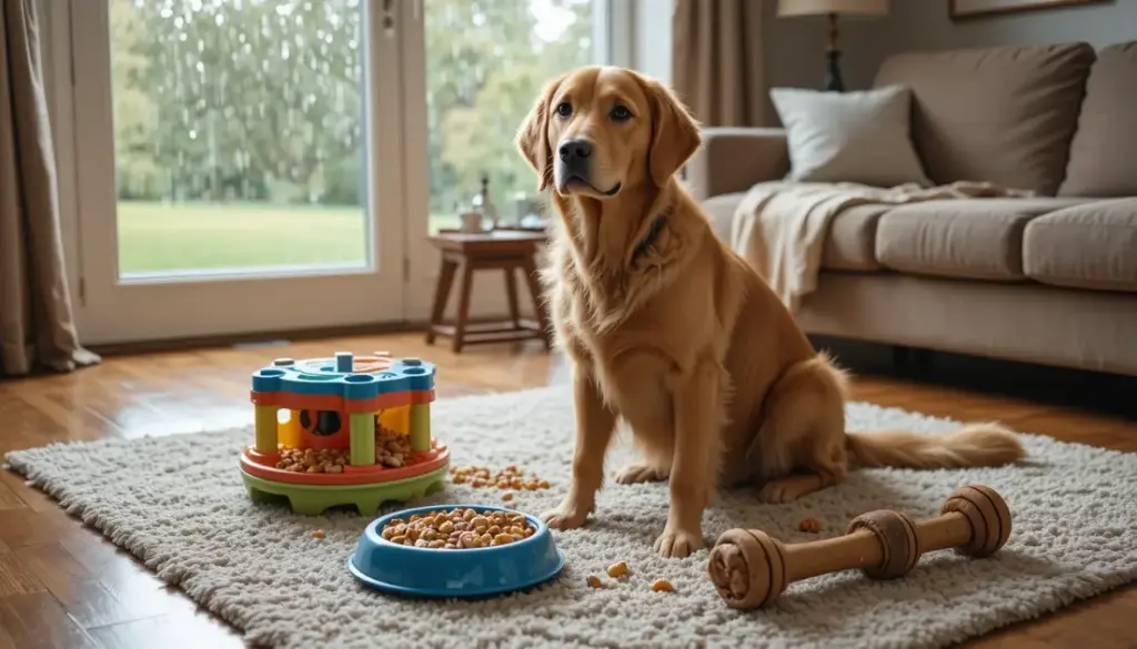 Golden retriever with puzzle feeder and enrichment toys on living room rug during rainy day for Indoor Dog Enrichment