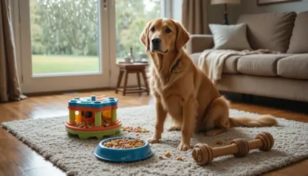 Indoor Dog Enrichment: Rainy Day Activities and Gear Costs Golden retriever with puzzle feeder and enrichment toys on living room rug during rainy day for Indoor Dog Enrichment