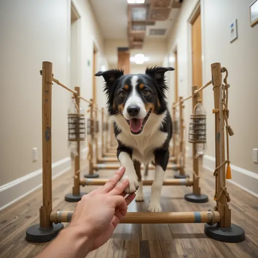 Boost Indoor Pet Fitness: Fun Exercises for Dogs and Cats 1 Owner guiding dog through hallway cushion obstacle course for indoor dog exercise obstacles.