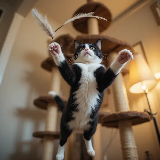 Boost Indoor Pet Fitness: Fun Exercises for Dogs and Cats 2 Tabby cat leaping to catch feather wand near vertical cat tree for interactive cat play techniques.