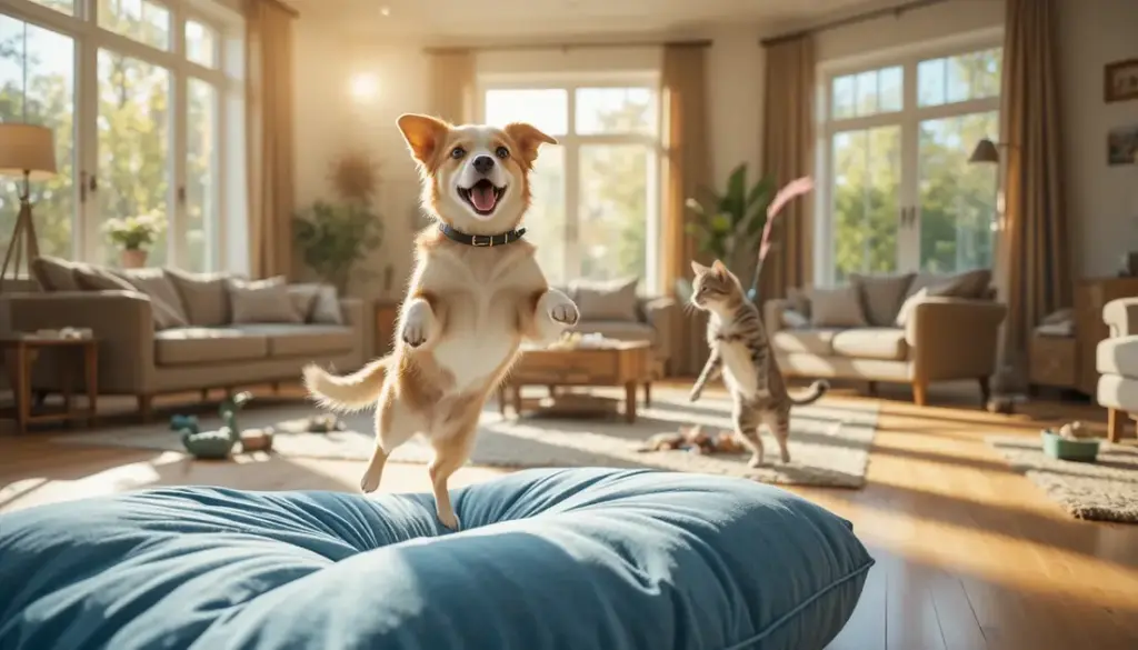 Golden Retriever jumping over cushions and tabby cat chasing wand in sunny living room for Indoor Pet Fitness
