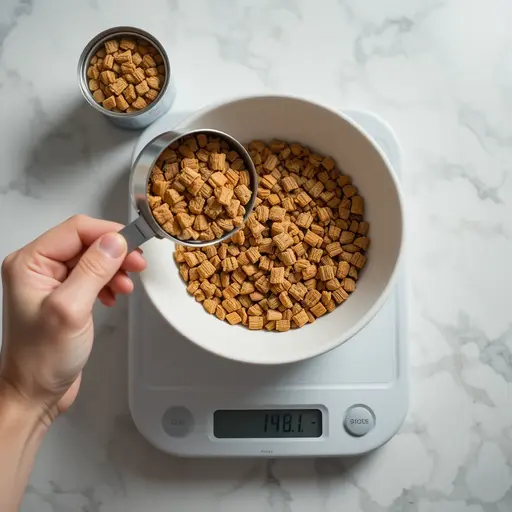 Essential Pet Feeding Guidelines for Healthy Dogs and Cats 2 A hand measuring kibble into a bowl with a scale for pet portion control