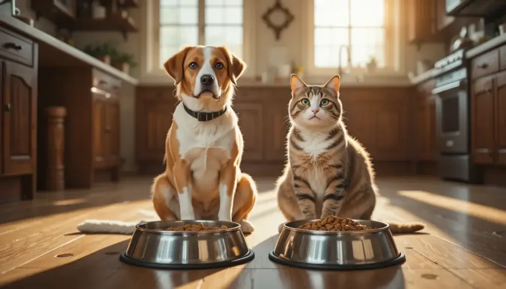 A photorealistic wide-angle shot of a Golden Retriever and a Tabby cat waiting by food bowls in a sunlit kitchen for Pet Feeding Guidelines