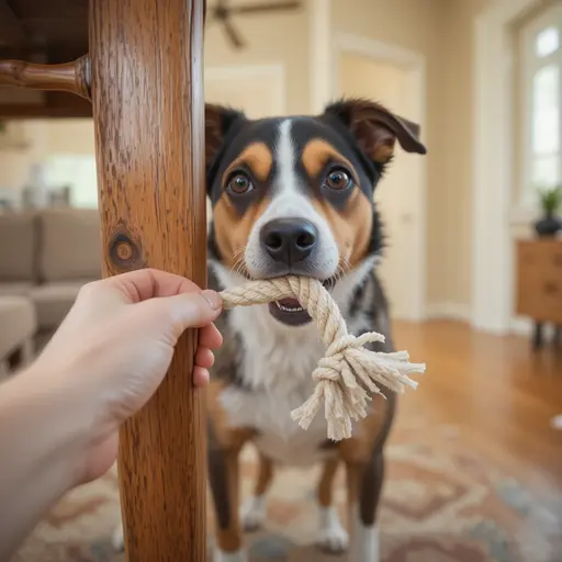 Stop Dog Chewing Furniture: Cheap Toys vs. DIY Costs 2 Owner handing rope chew toy to dog near wooden chair leg for redirecting dog chewing behavior