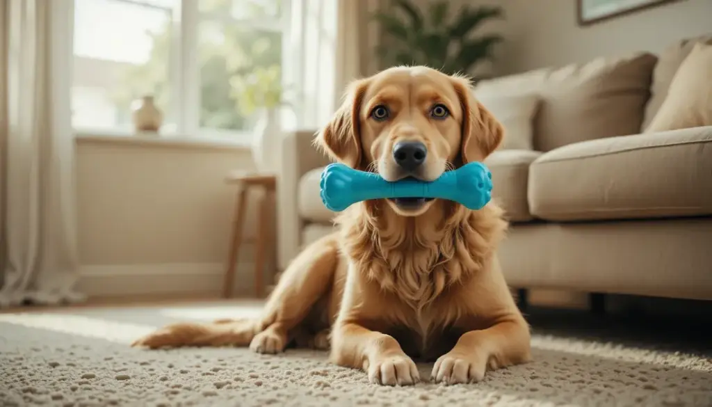 Golden Retriever holding blue rubber toy near scratched sofa leg for Stop Dog Chewing Furniture