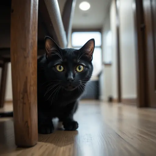 Anxious Cats: Identify cat anxiety symptoms & Solutions 1 A black cat crouching behind a chair leg with dilated pupils for recognizing hiding behaviors