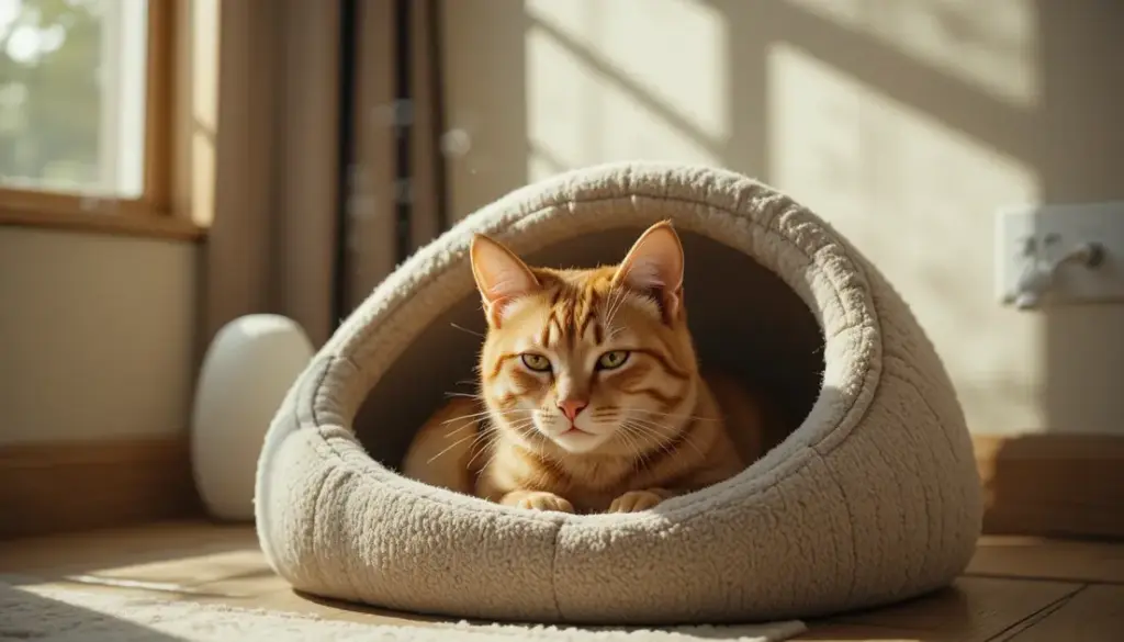 A nervous orange tabby cat nestled in a pet cave near a diffuser for cat anxiety symptoms