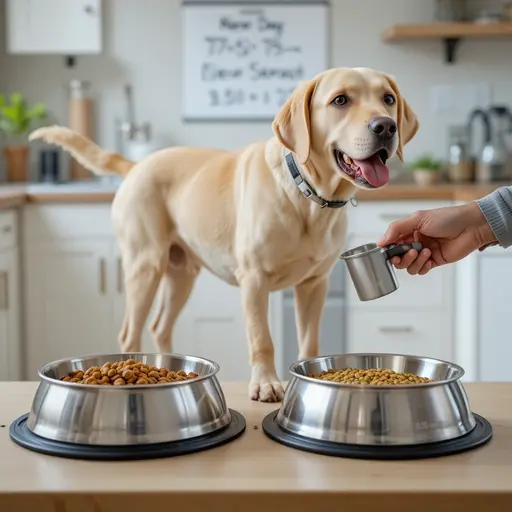 Dog eating gradual food transition mixture with old and new kibble for Dog Food Sensitive Stomach