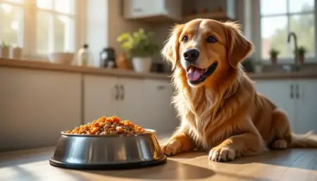 Happy healthy Golden Retriever with premium dog food bowl for Dog Food Sensitive Stomach