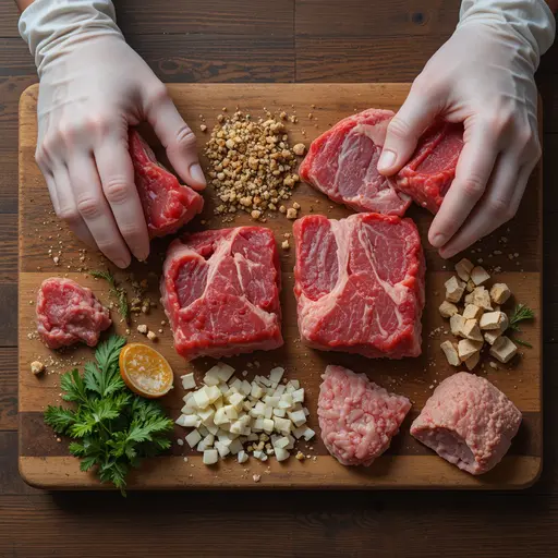 Carefully measured portions of muscle meat, edible bones, and organ meats arranged on a cutting board for nutritional balancing in a Raw Food Pet Diet.