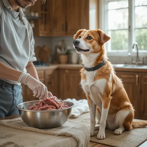 A pet owner practicing safe kitchen hygiene and portion control while preparing a fresh meal for a patiently waiting dog, illustrating safe handling guidelines for a Raw Food Pet Diet.