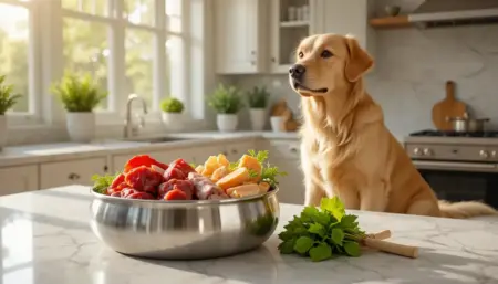 A healthy Golden Retriever sitting in a sunlit kitchen next to a bowl of fresh meat, bones, and vegetables for Raw Food Pet Diet.
