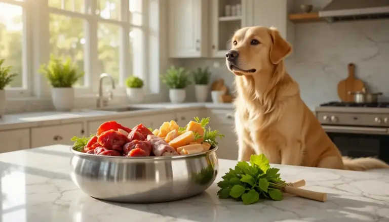 A healthy Golden Retriever sitting in a sunlit kitchen next to a bowl of fresh meat, bones, and vegetables for Raw Food Pet Diet.