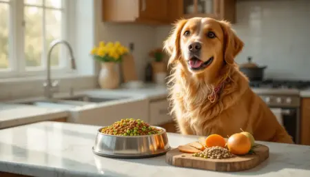 Is Grain-Free Dog Food Safe? A Science-Based Review Happy Golden Retriever with grain-free dog food ingredients in bright kitchen for grain-free dog food