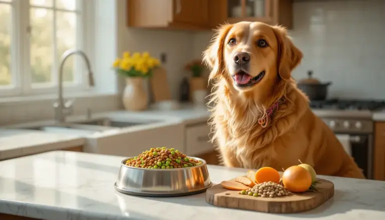 Happy Golden Retriever with grain-free dog food ingredients in bright kitchen for grain-free dog food