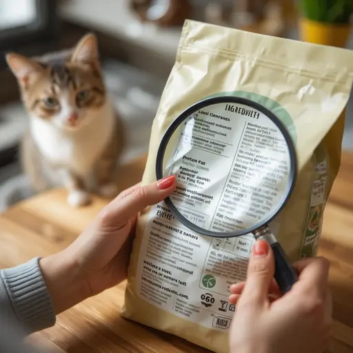 Pet owner carefully reading ingredient label on food bag for hypoallergenic pet food selection