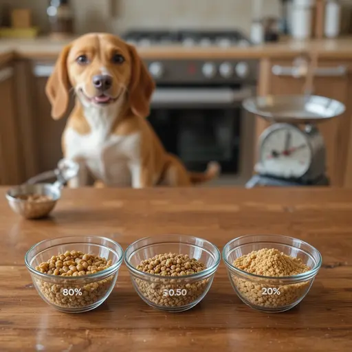 Gradual food transition bowls showing mixing ratios for hypoallergenic pet food introduction