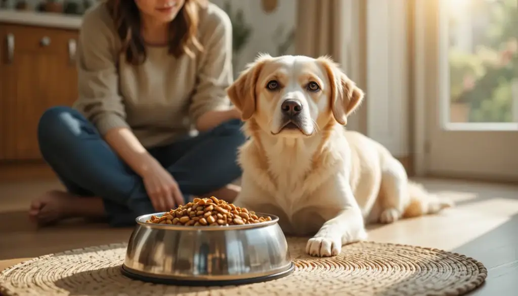 Golden retriever with healthy skin enjoying specialized meal with owner for hypoallergenic pet food