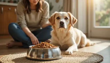 Golden retriever with healthy skin enjoying specialized meal with owner for hypoallergenic pet food