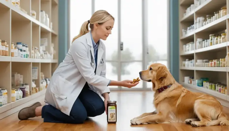 Veterinarian discussing pet nutrition and supplement decisions with a healthy golden retriever and owner in a bright clinic for Pet Supplements Required