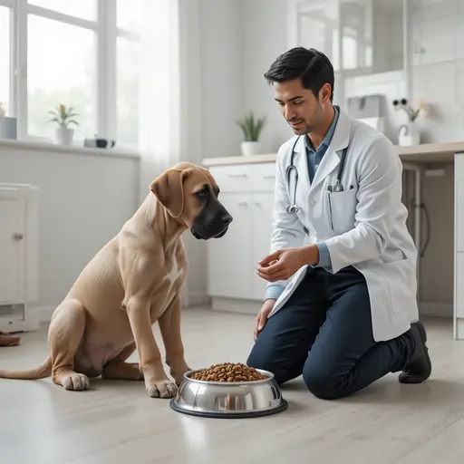 Veterinarian presenting large breed puppy food to great dane puppy for large breed puppy feeding tips