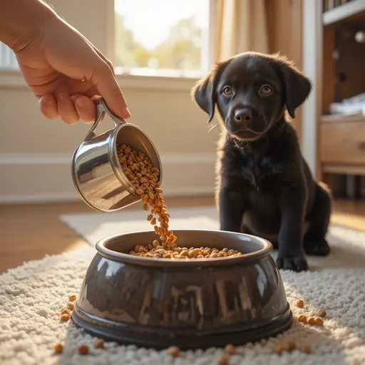 Person measuring puppy food portions into bowl with labrador puppy watching for puppy feeding tips