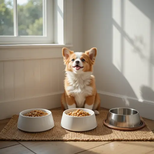 Organized daily puppy feeding station with scheduled meal bowls and corgi puppy for puppy feeding schedule