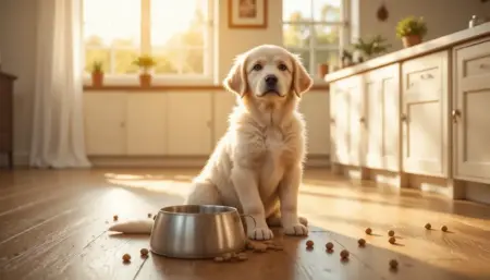 Caring hands preparing measured puppy food bowl with golden retriever puppy in sunlit kitchen for puppy feeding tips