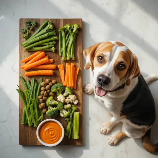 Vegetables Safe for Pets: A Vet-Approved Safety Guide 1 Fresh pet-safe vegetables including carrots green beans broccoli and pumpkin with beagle for safe vegetables for dogs and cats