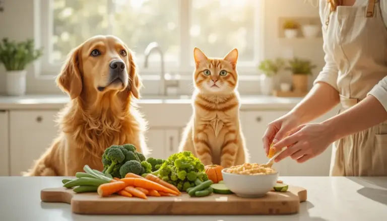 Golden retriever and orange tabby cat with fresh vegetables on kitchen counter for vegetables safe for pets
