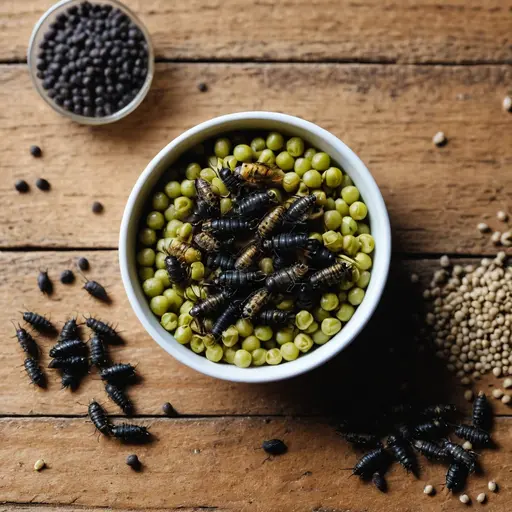 Dried black soldier fly larvae and plant protein ingredients on wooden surface for insect based alternative pet protein