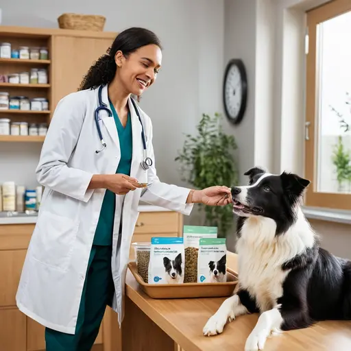 Veterinarian discussing alternative pet protein options with dog owner in clinic for choosing alternative pet protein